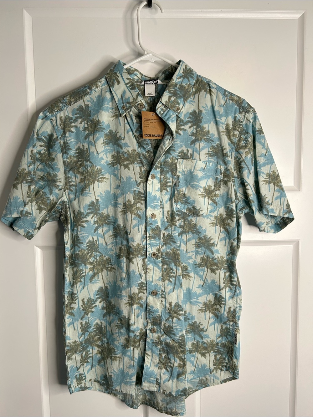 Eddie Bauer Men's Short Sleeve Button Up Small Hawaian Shirt Tropical Blue 3101